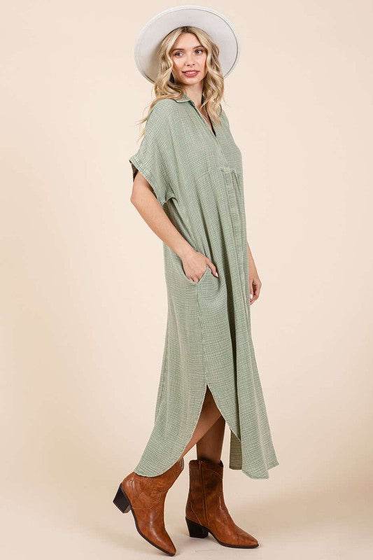 Mittoshop Mineral Wash V Neck Button Up Midi Shirt Dress - UnLaced Boutique