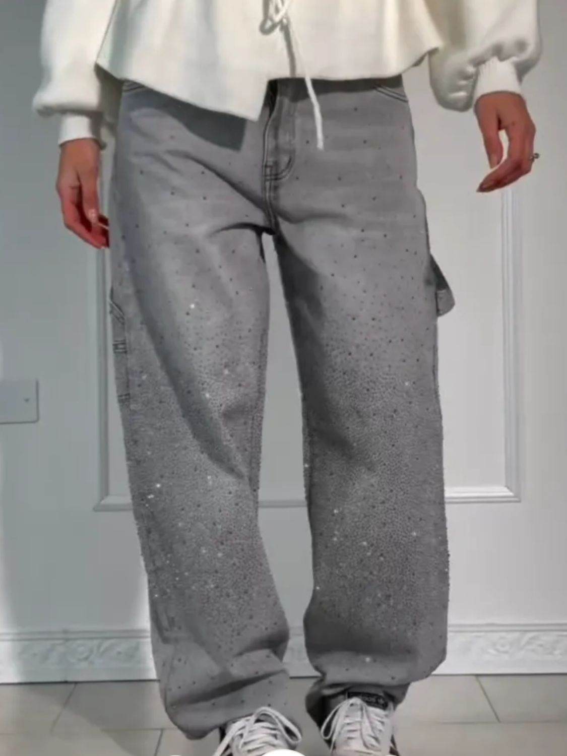 Full Size Washed Rhinestone Detail Wide leg Jeans Plus Size - UnLaced Boutique