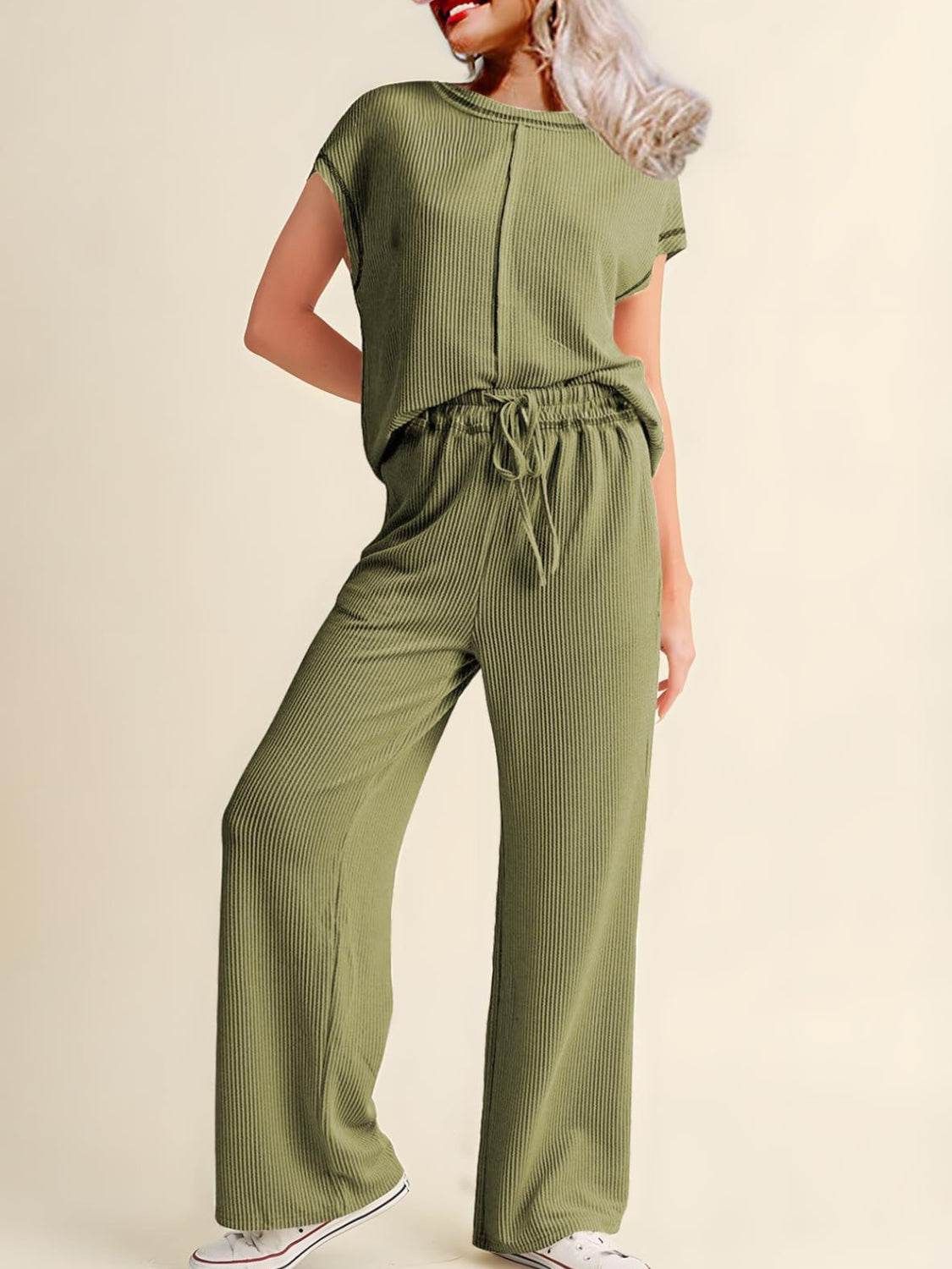 Ribbed Exposed Seam Top and Pants Set - UnLaced Boutique