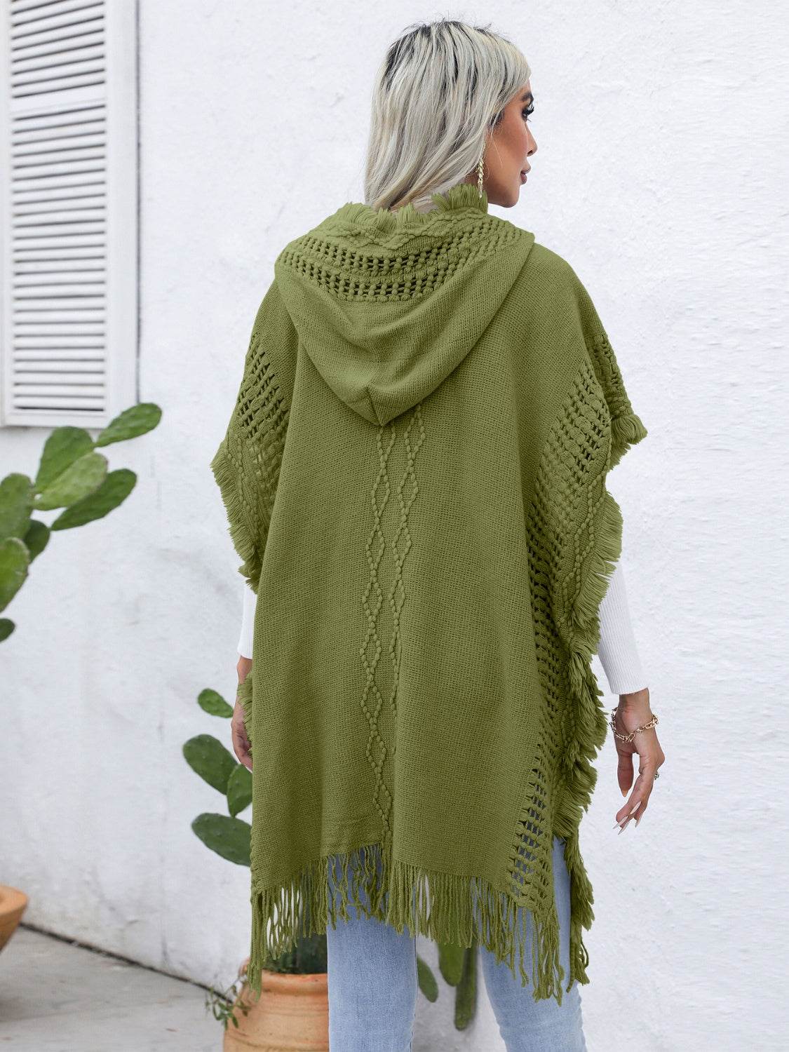 Fringe Trim Buttoned Hooded Poncho - UnLaced Boutique