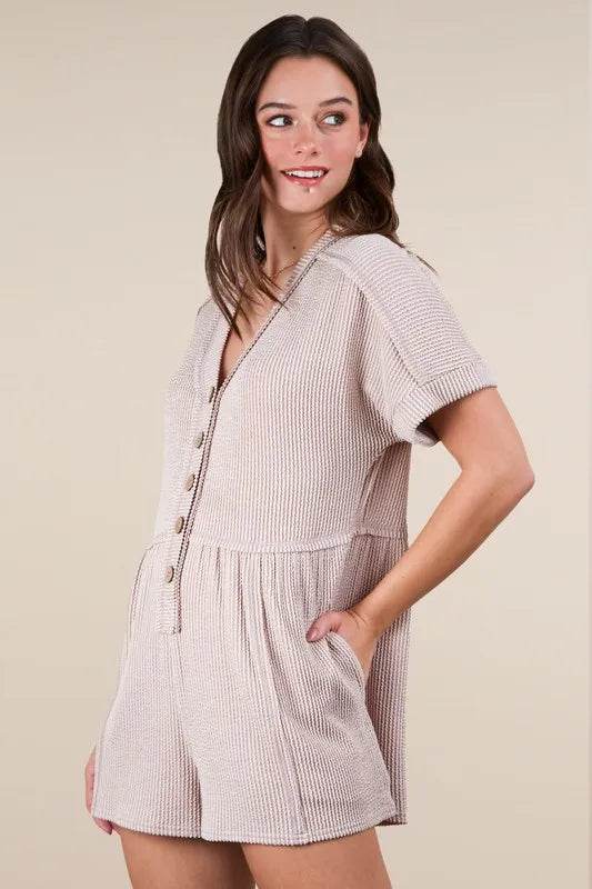 VERY J Two Tone Ribbed Knit Comfy Casual Romper - UnLaced Boutique