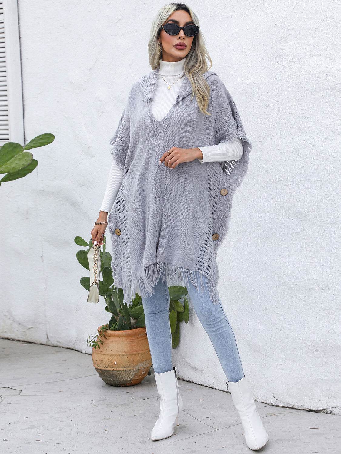 Fringe Trim Buttoned Hooded Poncho - UnLaced Boutique
