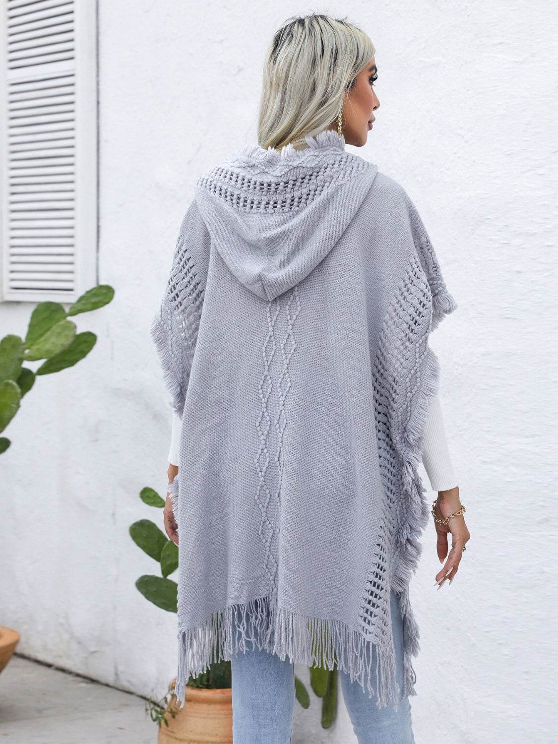 Fringe Trim Buttoned Hooded Poncho - UnLaced Boutique