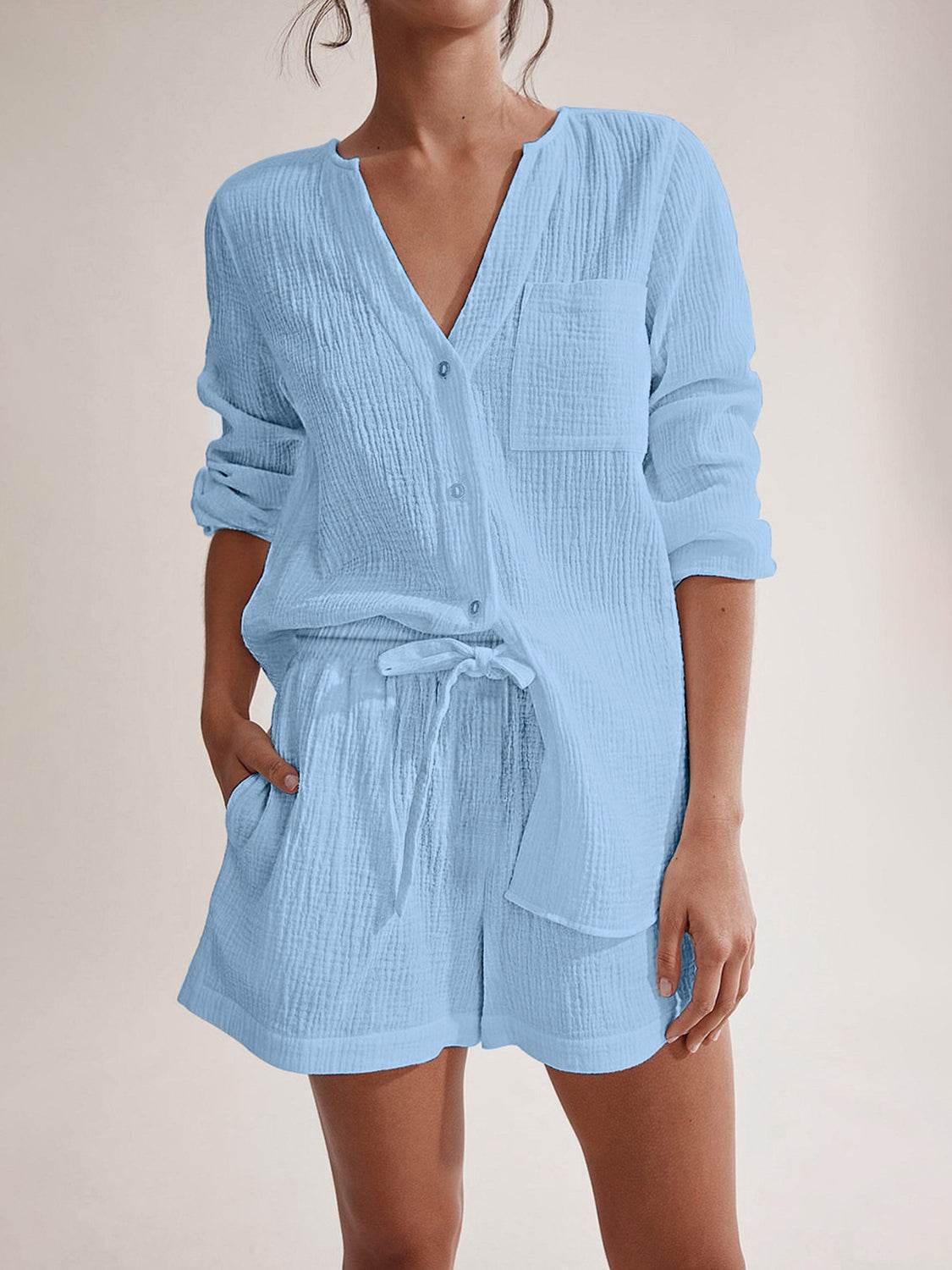 Notched Long Sleeve Top and Shorts Set - UnLaced Boutique