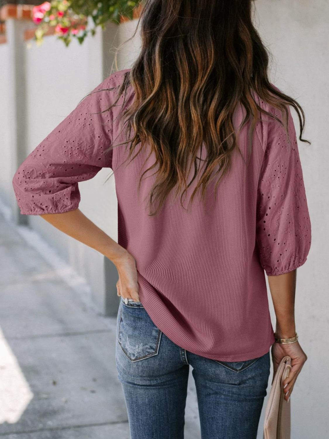 Eyelet Tie Neck Three-Quarter Sleeve Blouse - UnLaced Boutique