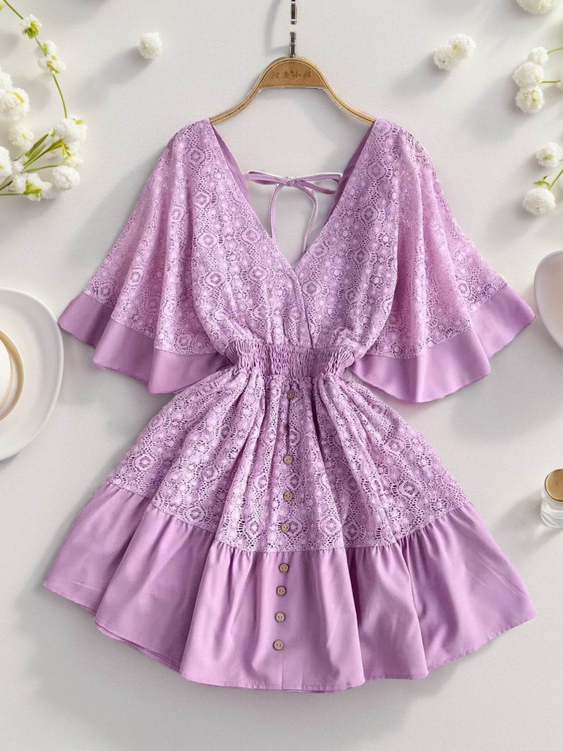 Ruffle Hem Tie Back Lace Mini Dress - UnLaced Boutique