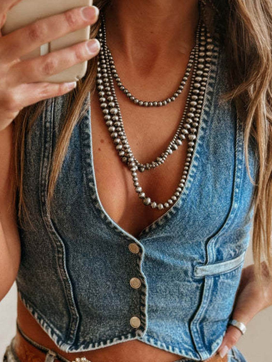 Buttoned V-Neck Denim Top - UnLaced Boutique