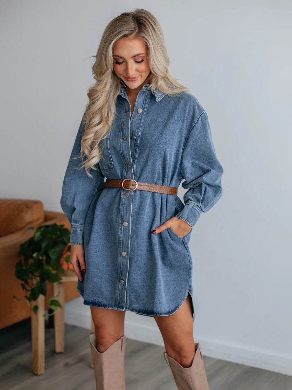 Button Up Collared Neck Long Sleeve Denim Dress - UnLaced Boutique