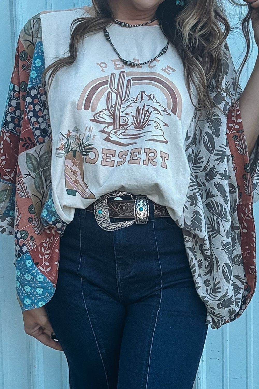 Peace Desert Graphic Asymmetric Printed Patchwork Sleeve Top - UnLaced Boutique