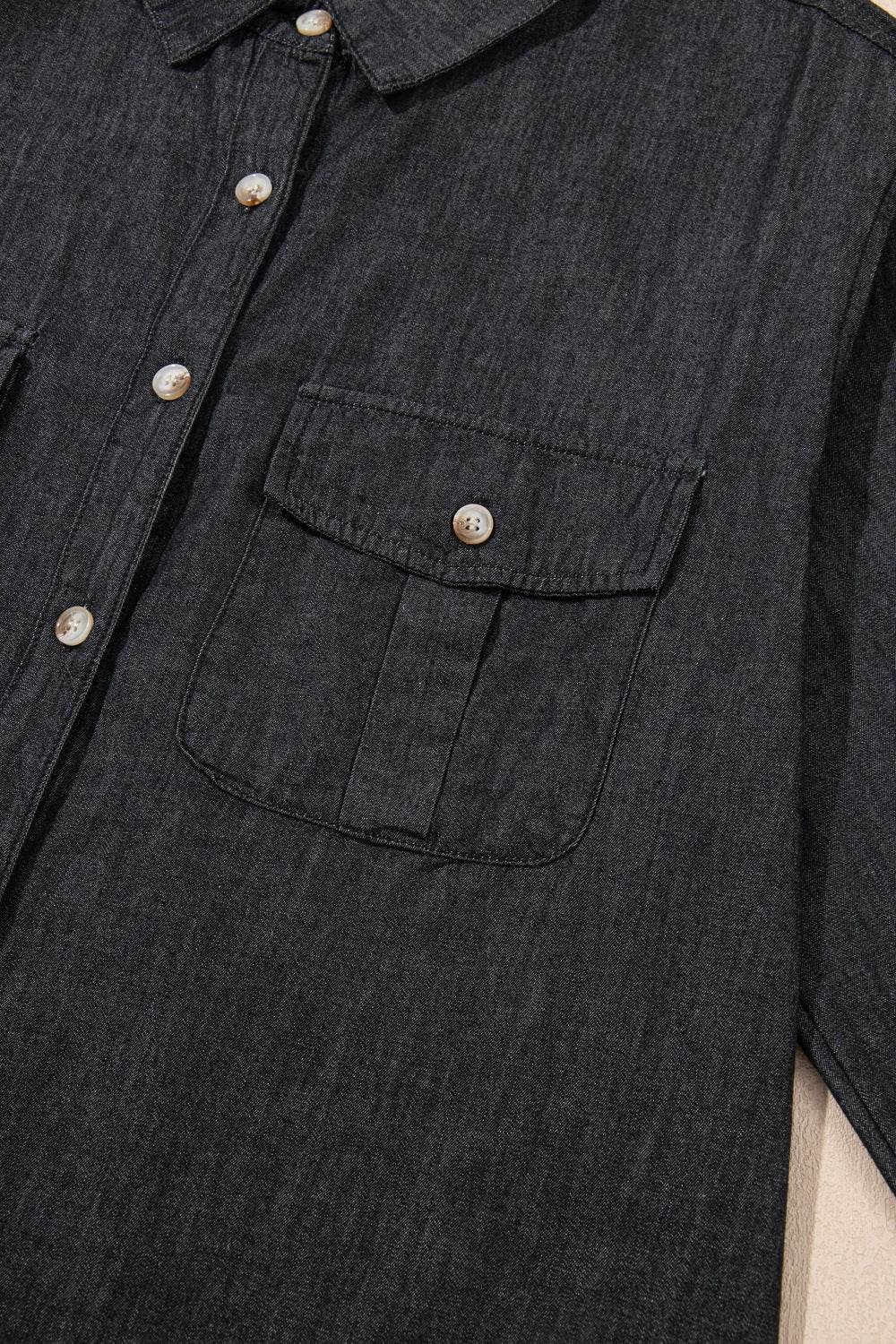 Pocketed Collared Neck Long Sleeve Denim Top - UnLaced Boutique