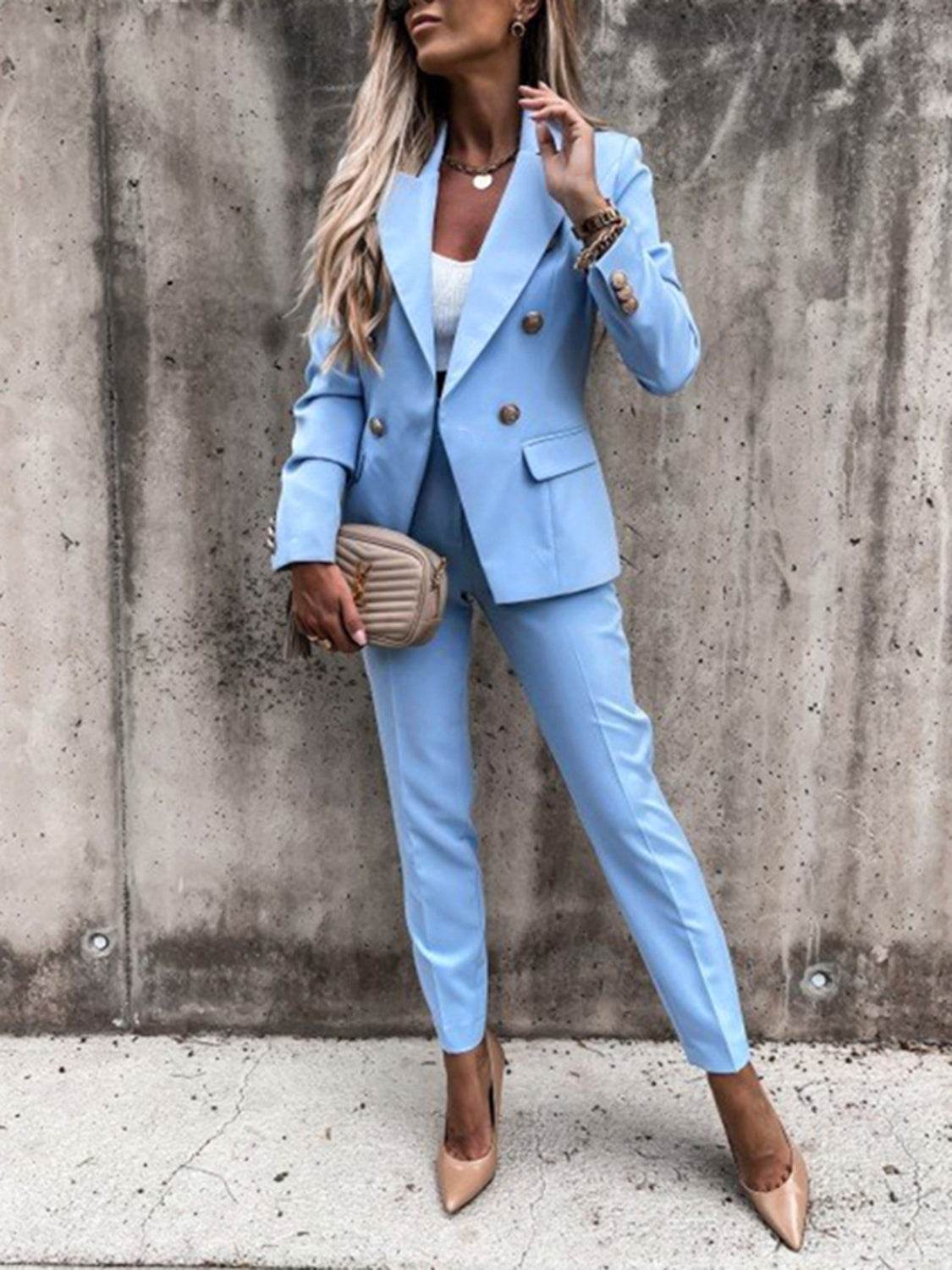 Lapel Collar Long Sleeve Blazer and Pants Set - UnLaced Boutique