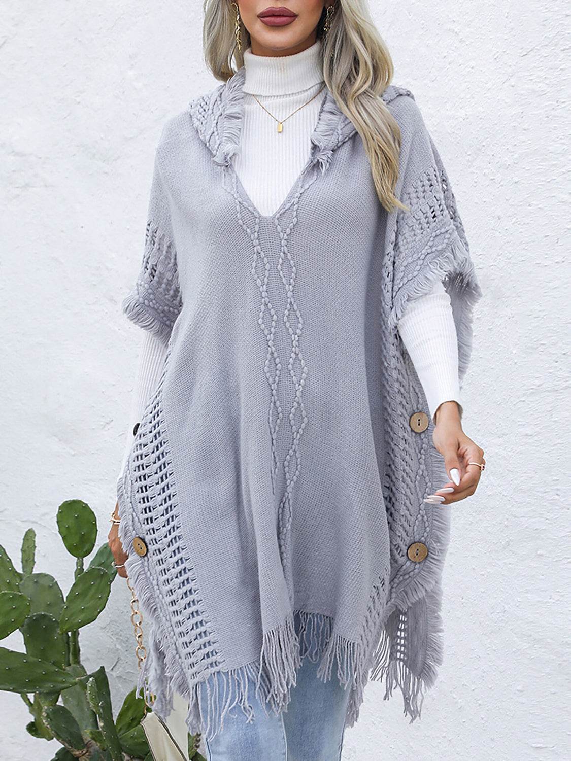 Fringe Trim Buttoned Hooded Poncho - UnLaced Boutique