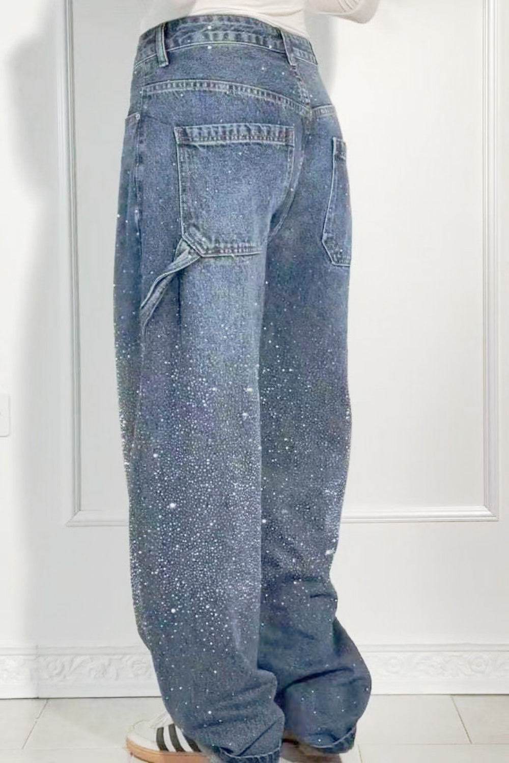 Full Size Washed Rhinestone Detail Wide leg Jeans Plus Size - UnLaced Boutique