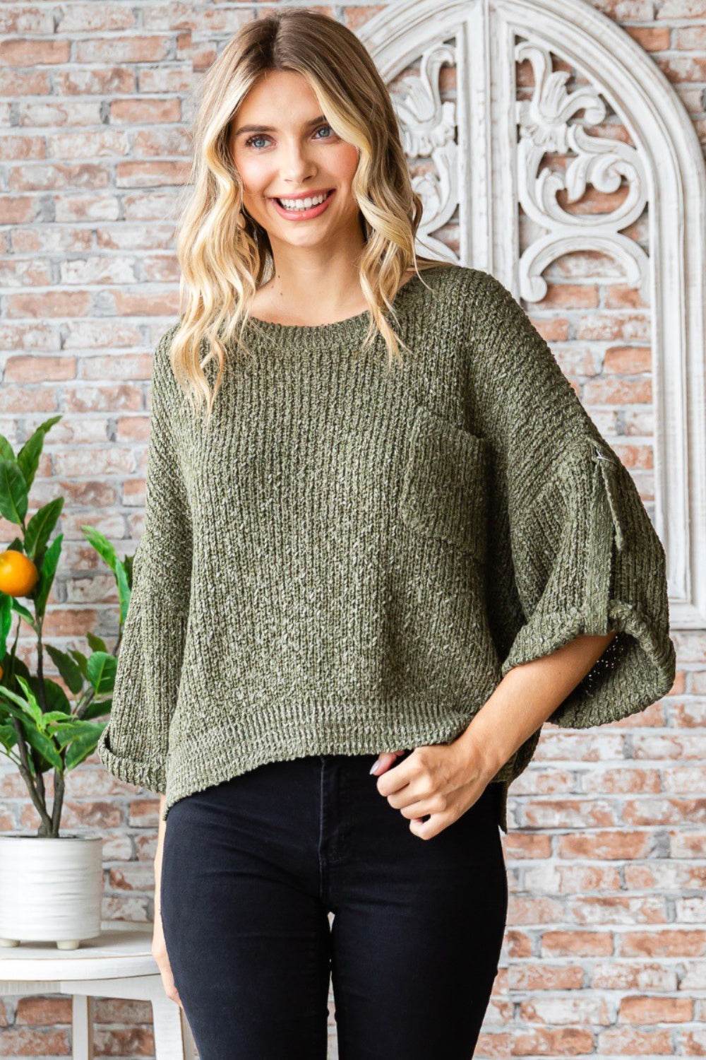 Veveret Round Neck Roll-Up Sweater - UnLaced Boutique