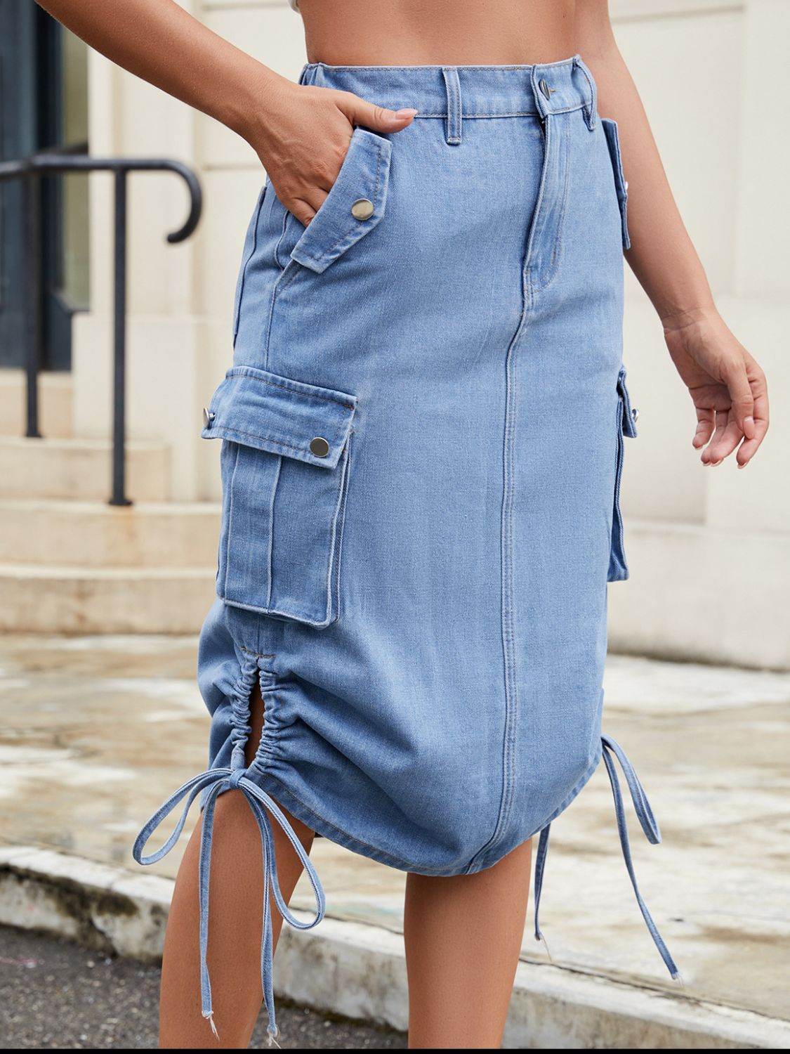 Drawstring Denim Skirt with Cargo Pockets - UnLaced Boutique