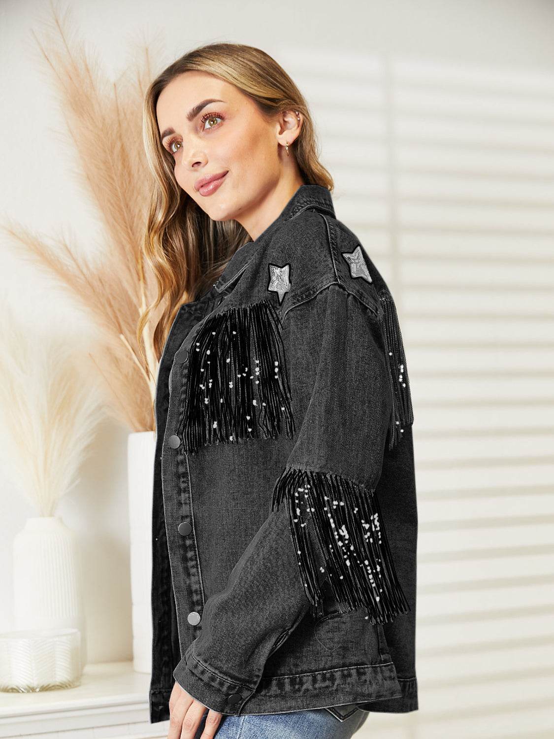 Fringe Detail Long Sleeve Denim Jacket - UnLaced Boutique