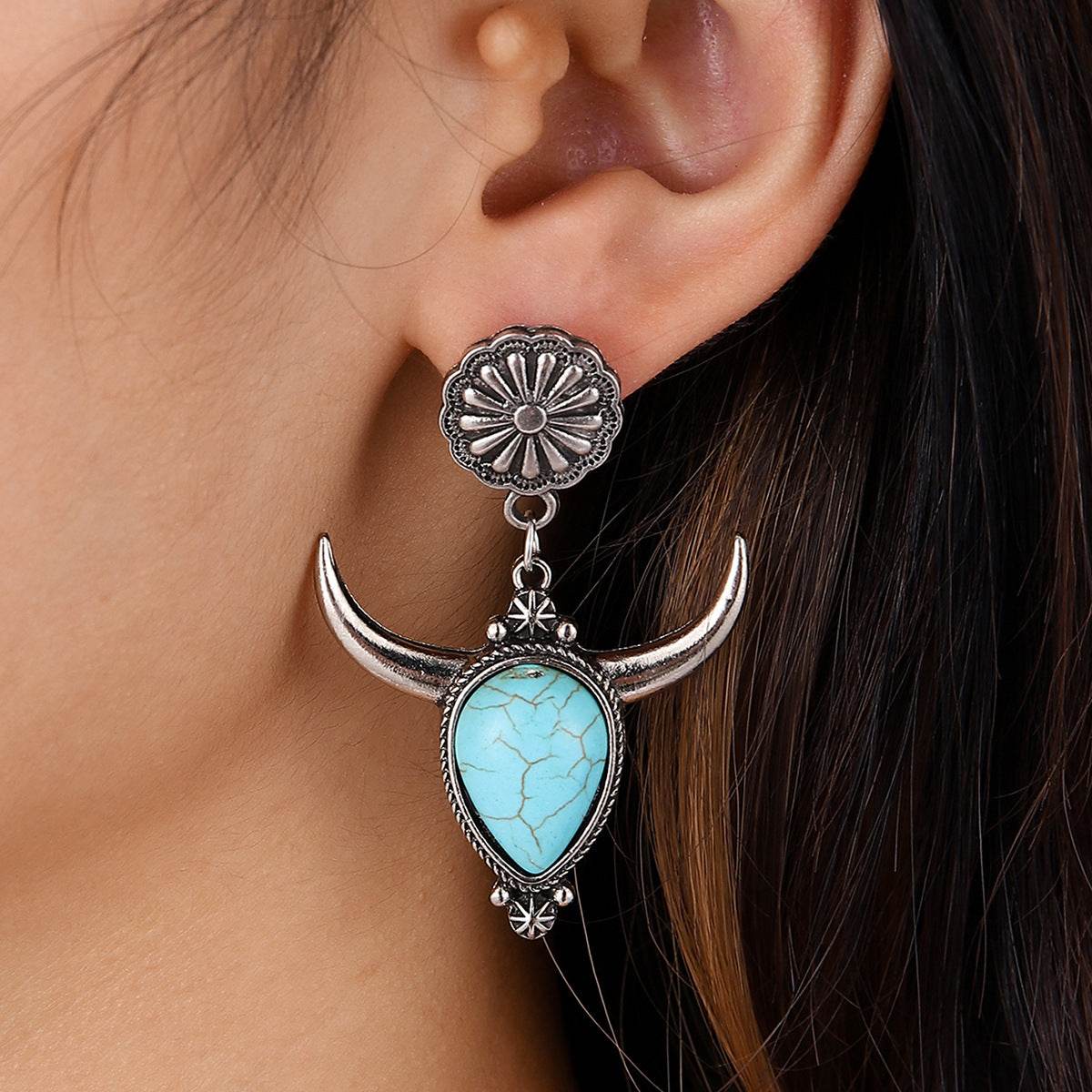Artificial Turquoise Alloy Cow Head Earrings - UnLaced Boutique