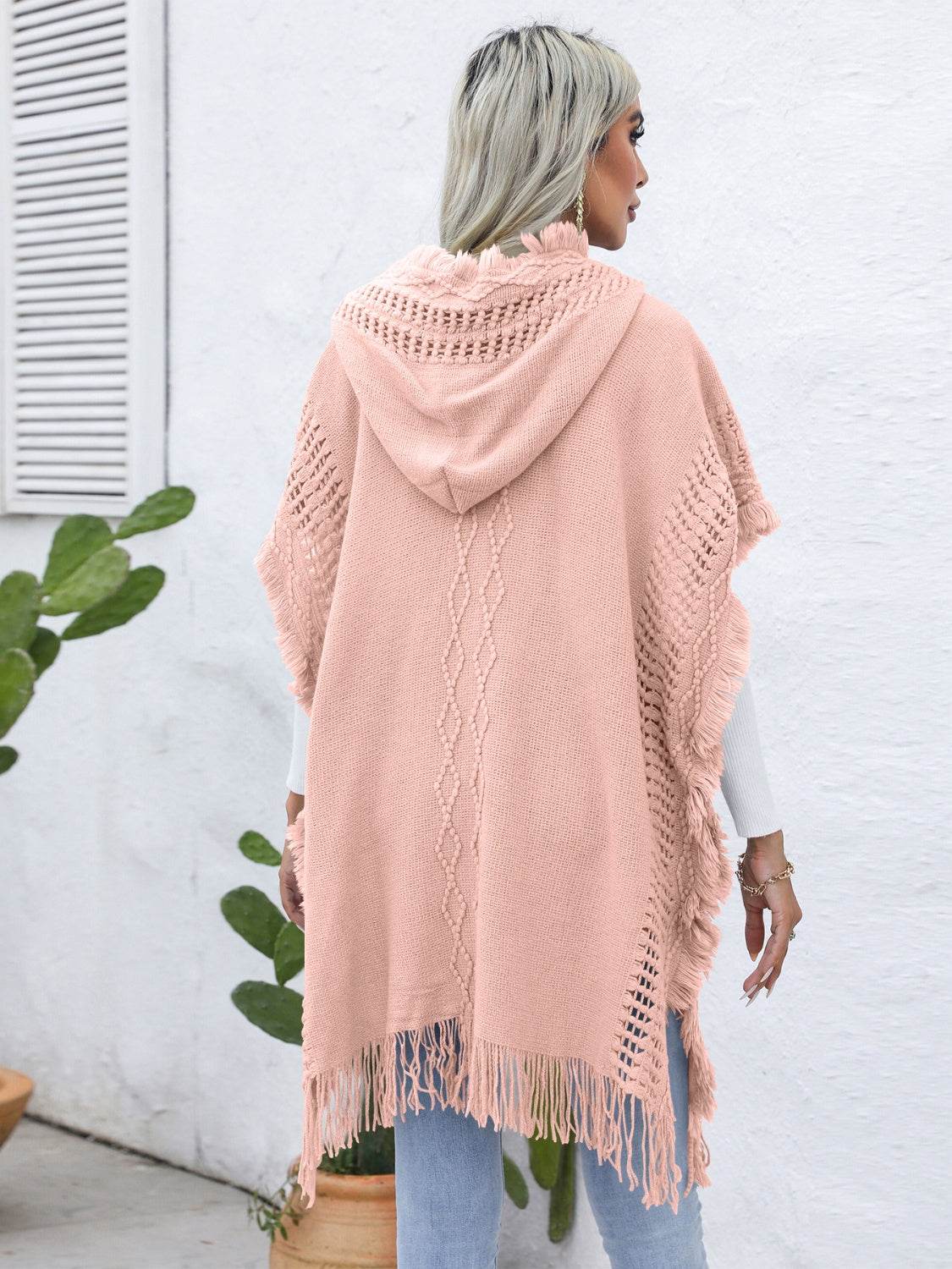Fringe Trim Buttoned Hooded Poncho - UnLaced Boutique