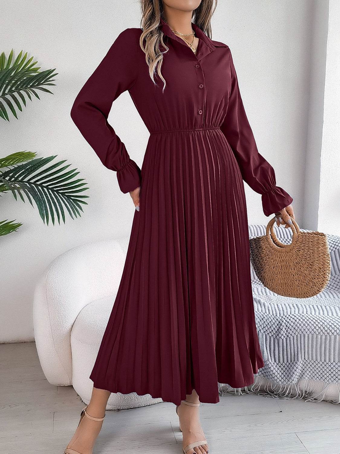 Pleated Half Button Long Sleeve Midi Dress - UnLaced Boutique