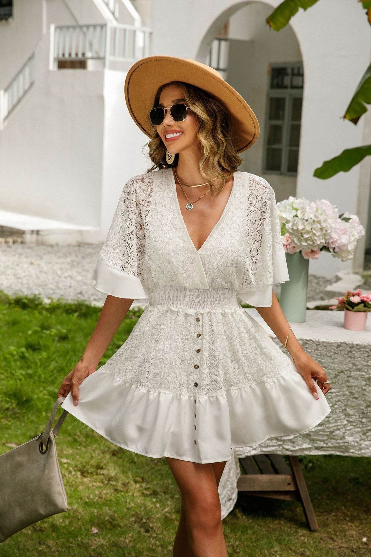 Lace Cutout Surplice Half Sleeve Dress - UnLaced Boutique
