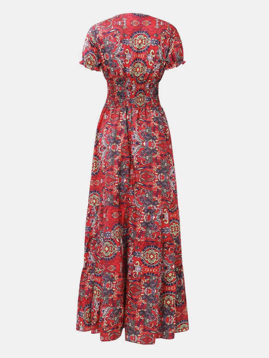 Full Size Smocked Printed V-Neck Short Sleeve Dress - UnLaced Boutique