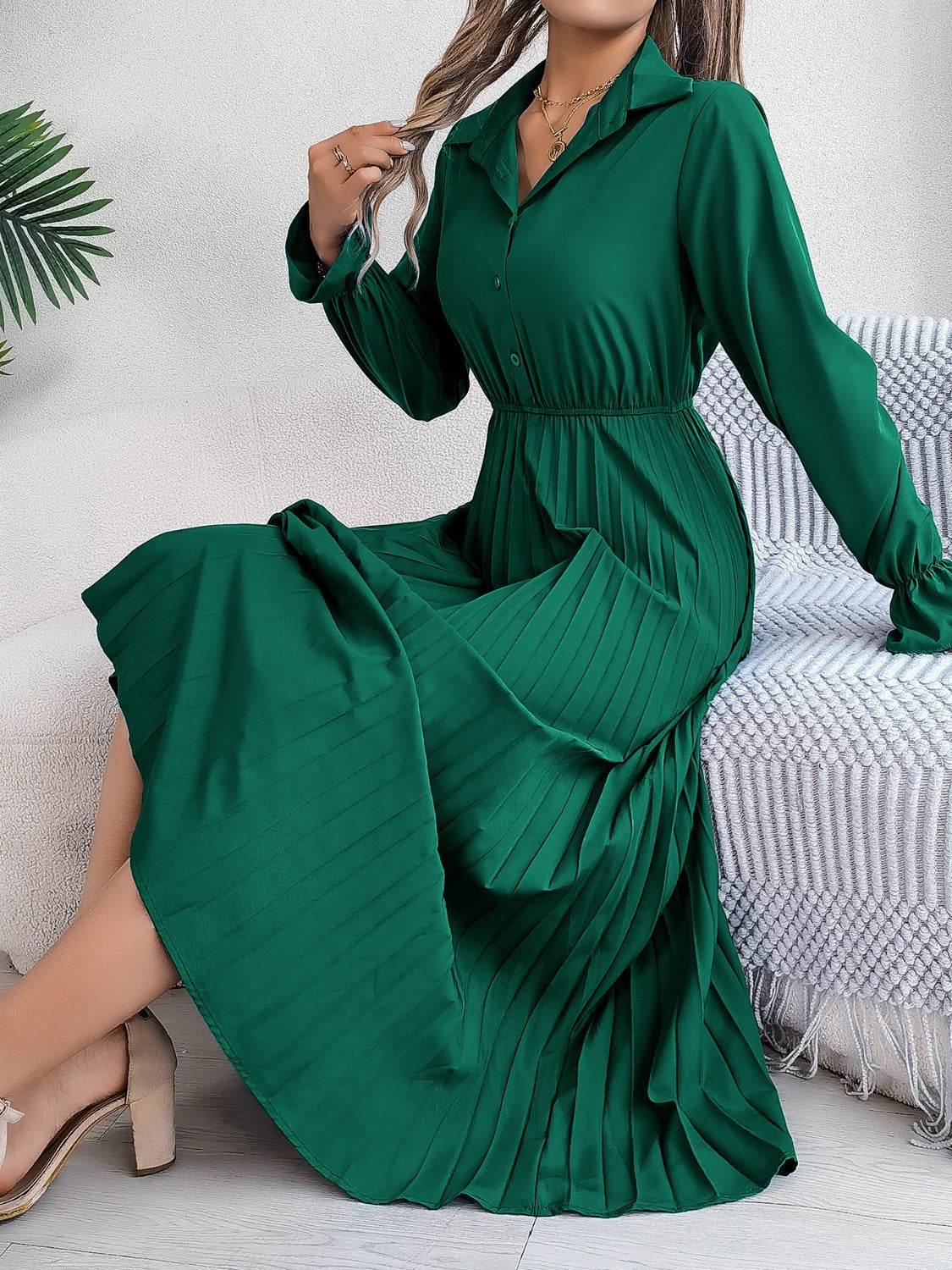 Pleated Half Button Long Sleeve Midi Dress - UnLaced Boutique