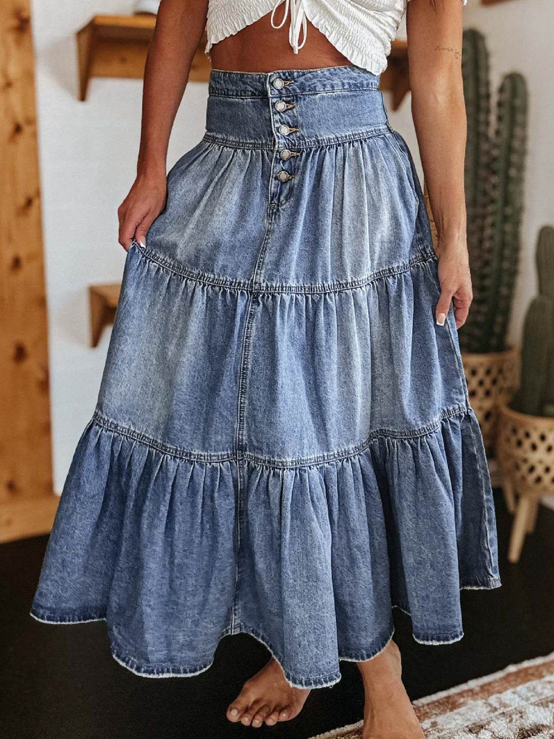 Tiered Button-Fly Denim Skirt - UnLaced Boutique