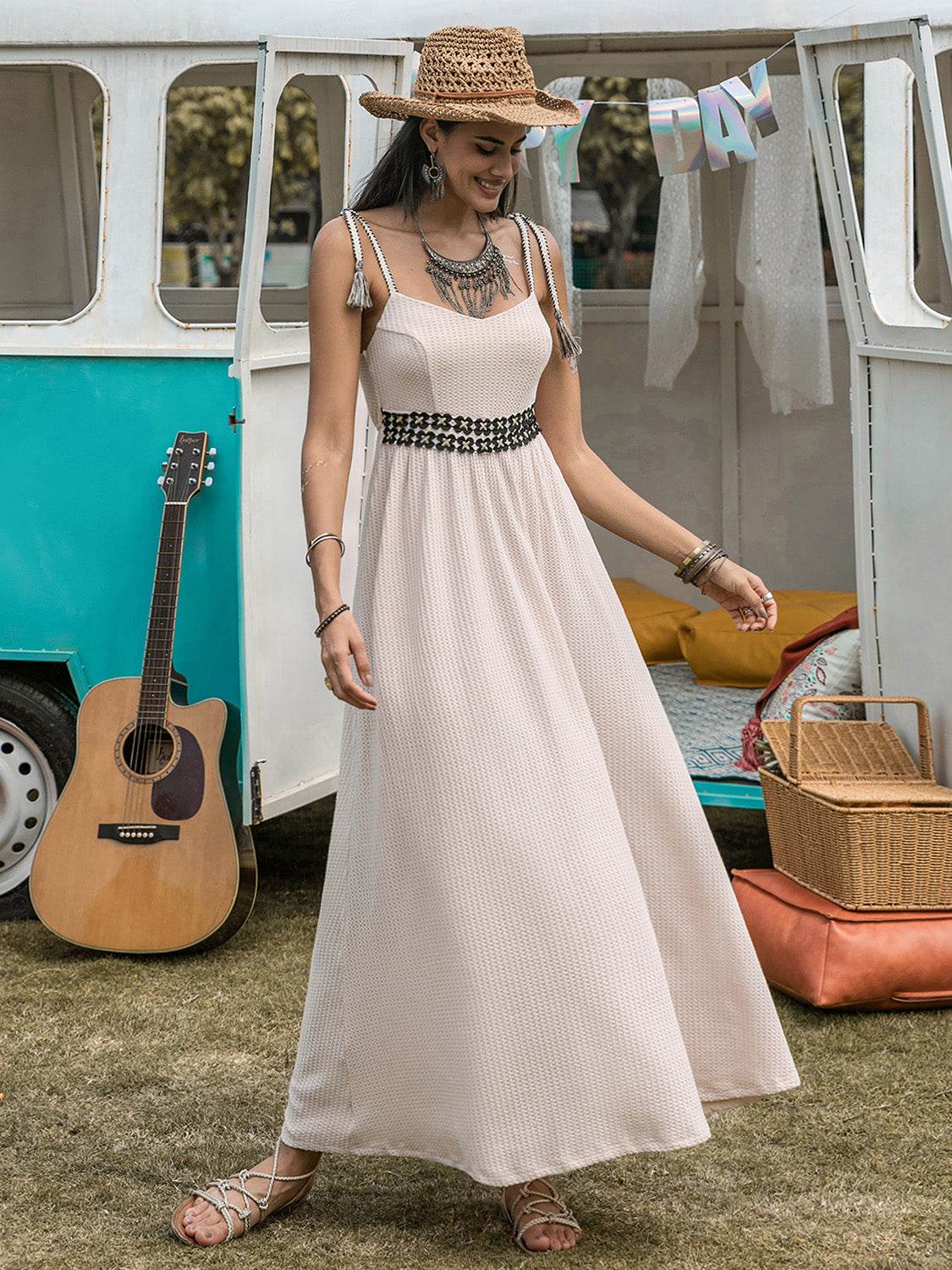Waffle-Knit Tied Spaghetti Strap Dress - UnLaced Boutique