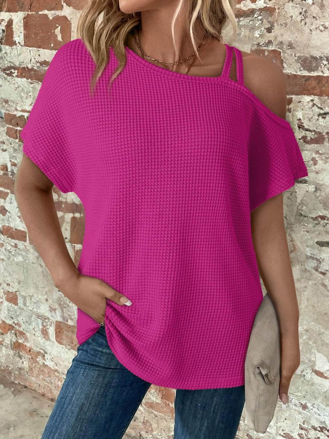 Asymmetrical Neck Short Sleeve T-Shirt - UnLaced Boutique