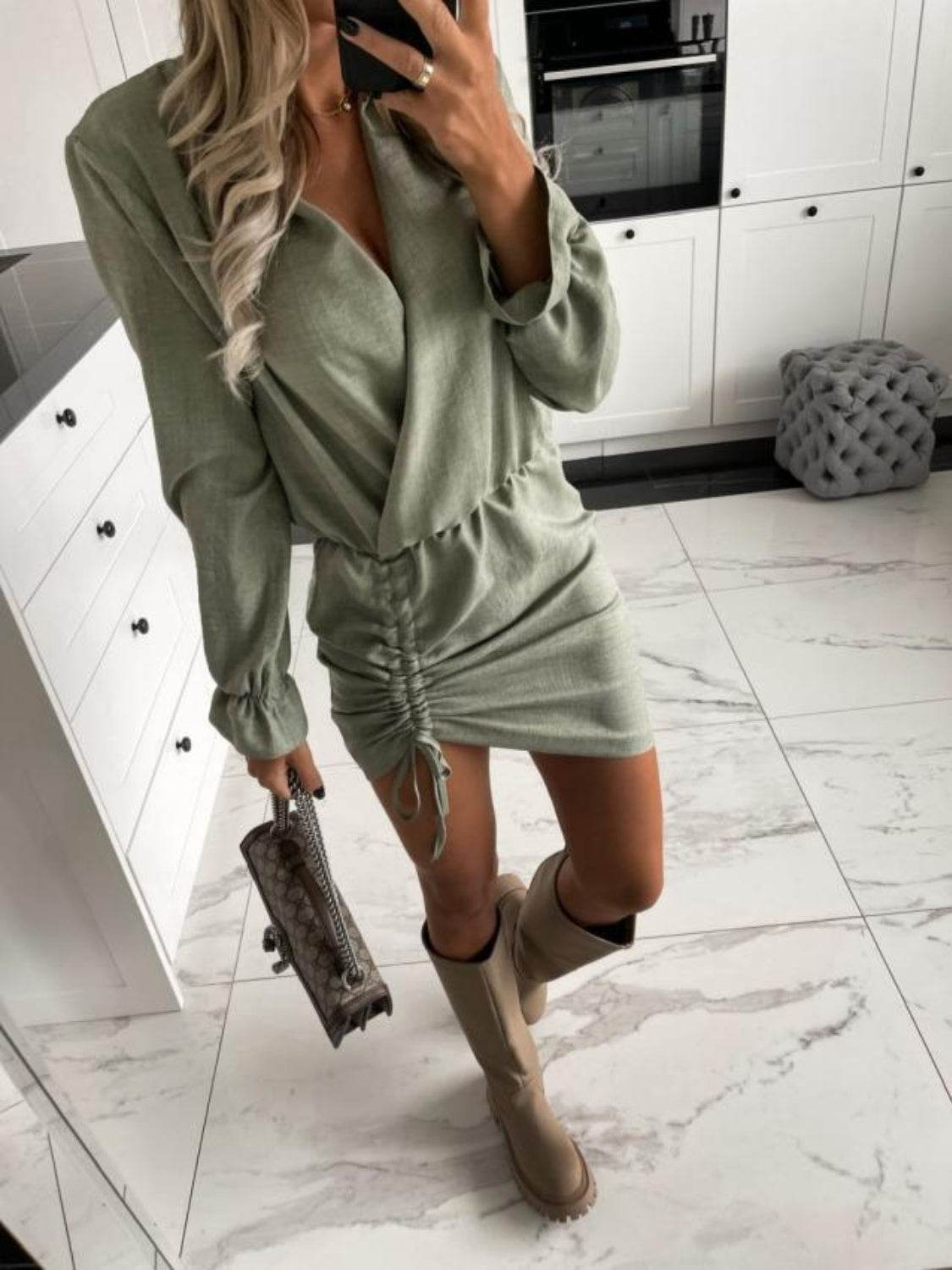 Drawstring Long Sleeve Mini Dress - UnLaced Boutique