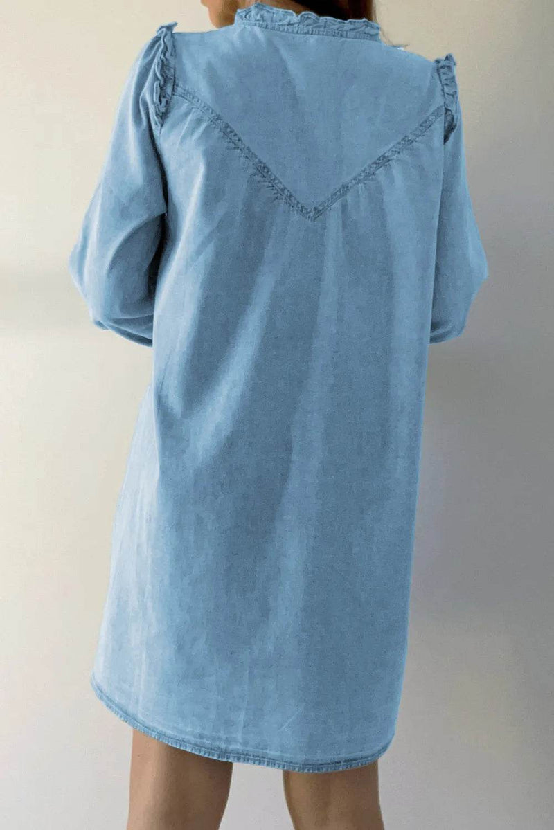 Button Up Notched Long Sleeve Denim Dress - UnLaced Boutique