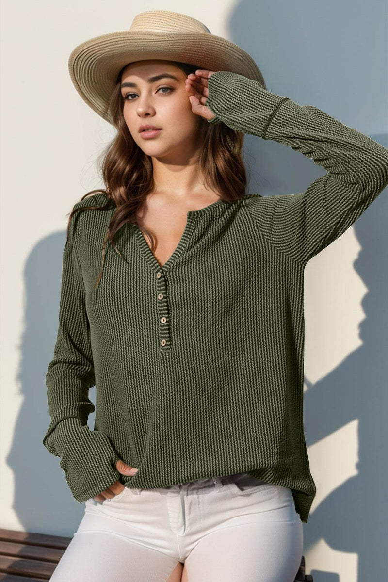 Double Take Full Size Notched Thumbhole Long Sleeve T-Shirt - UnLaced Boutique