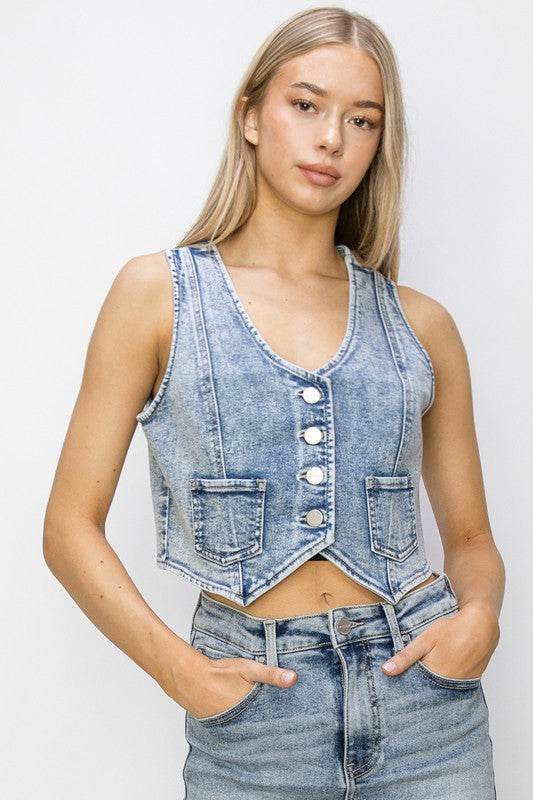 RISEN Button Down Crop Denim Vest - UnLaced Boutique