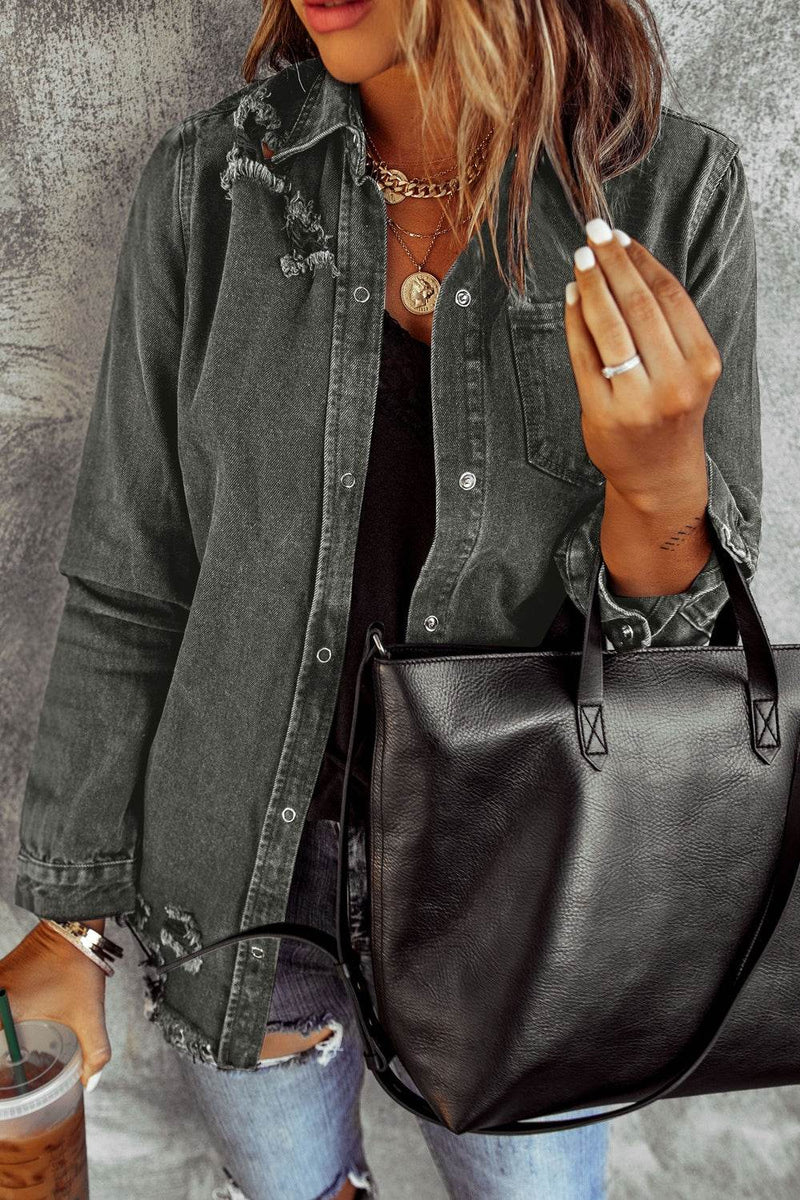 Distressed Raw Hem Snap Down Denim Jacket - UnLaced Boutique