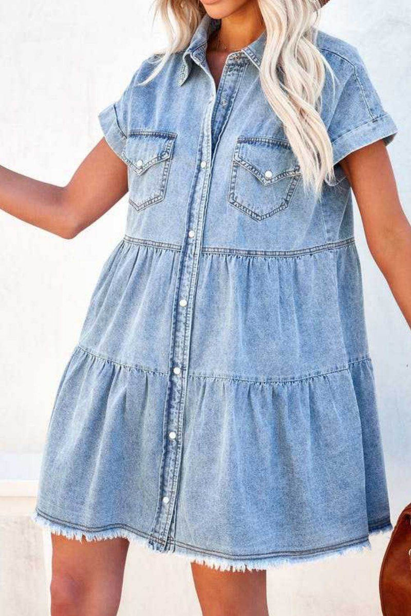 Raw Hem Button Down Denim Mini Dress - UnLaced Boutique
