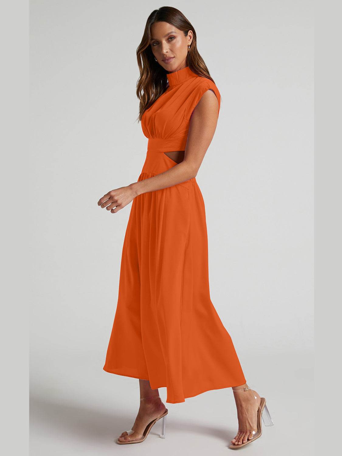 Cutout Mock Neck Sleeveless Ruched Dress - UnLaced Boutique