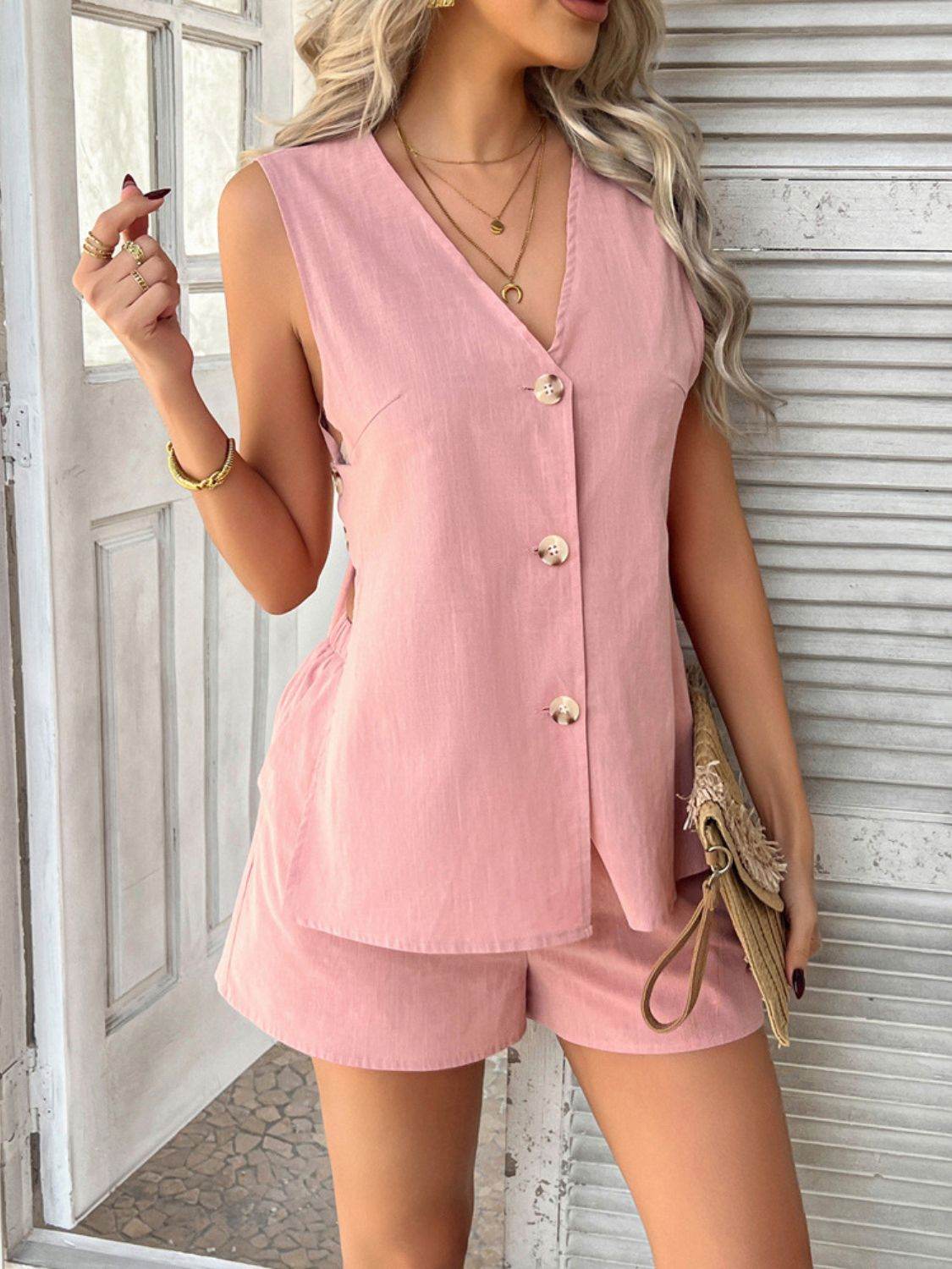 Devine Button Down V-Neck Tank and Shorts Set - UnLaced Boutique