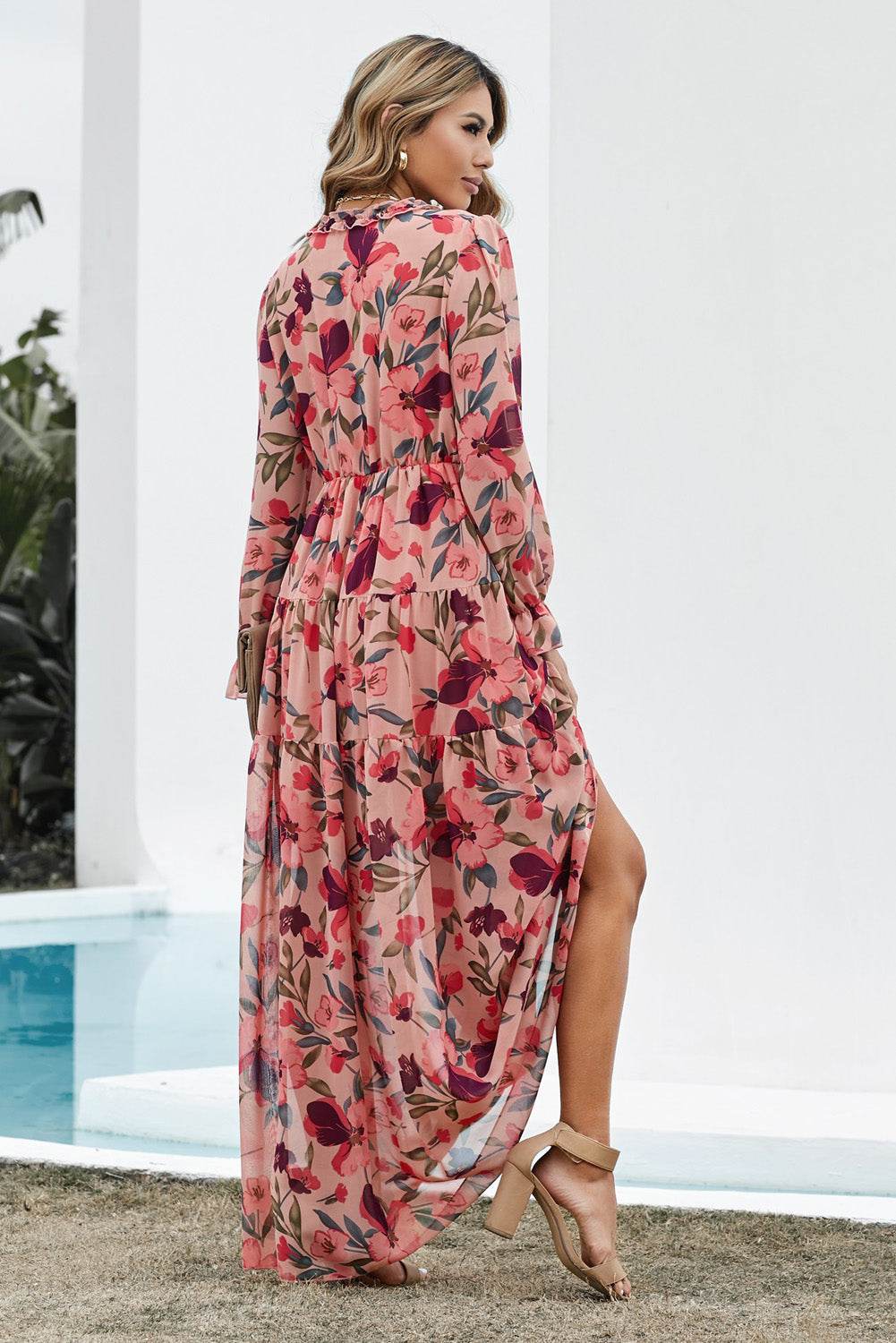Floral Frill Trim Flounce Sleeve Plunge Maxi Dress - UnLaced Boutique