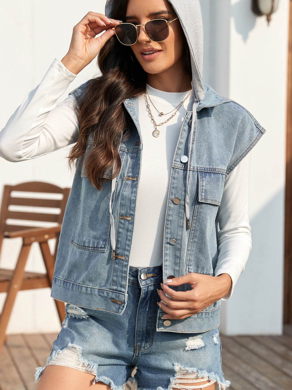 Drawstring Button Up Sleeveless Denim Jacket - UnLaced Boutique