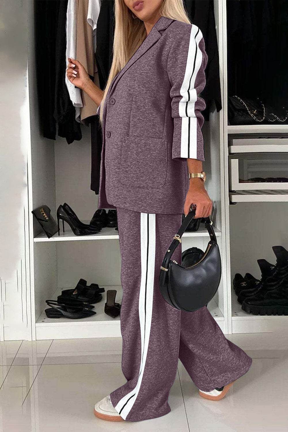 Full Size Contrast Lapel Collar Top and Pants Set - UnLaced Boutique