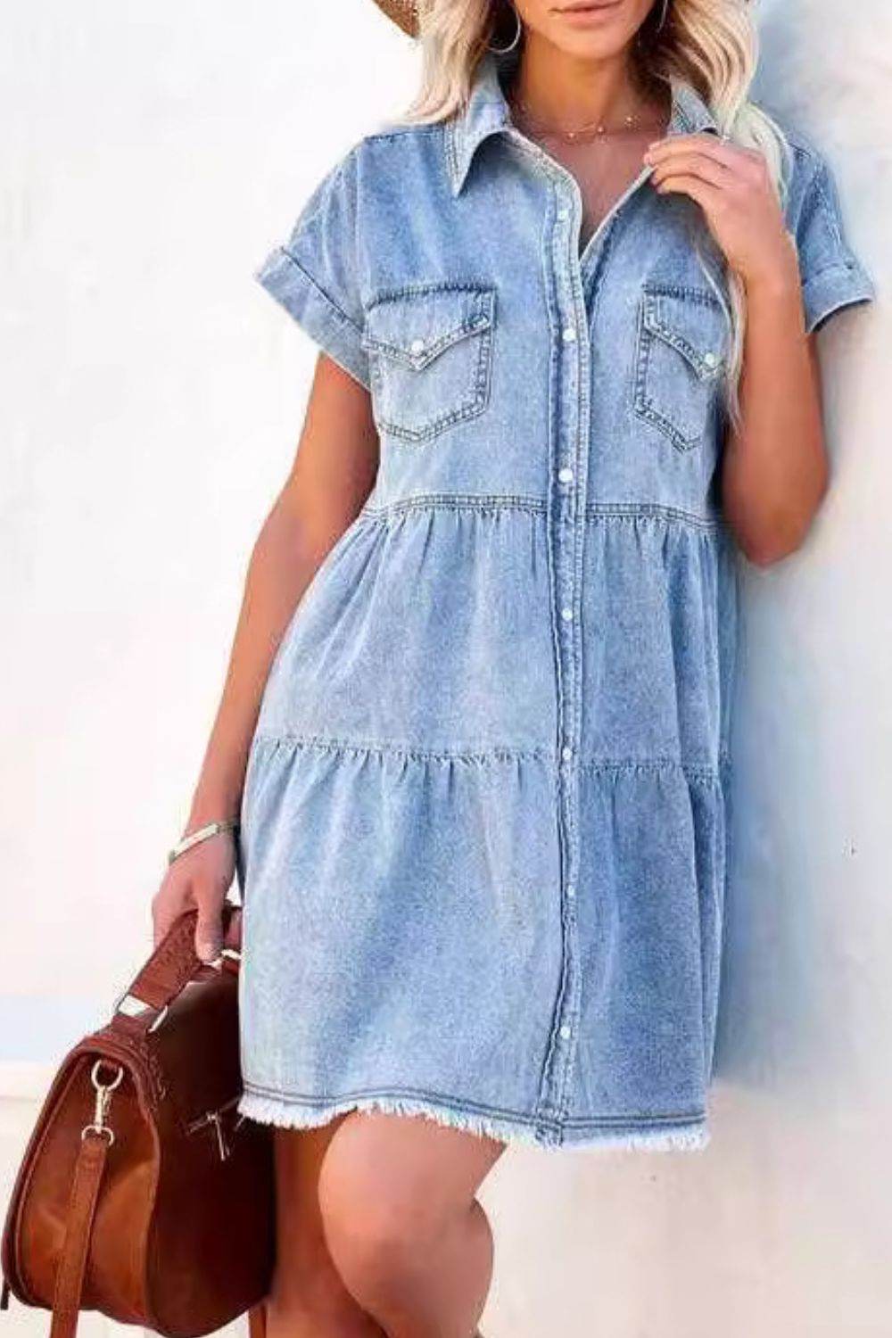 Raw Hem Button Down Denim Mini Dress - UnLaced Boutique