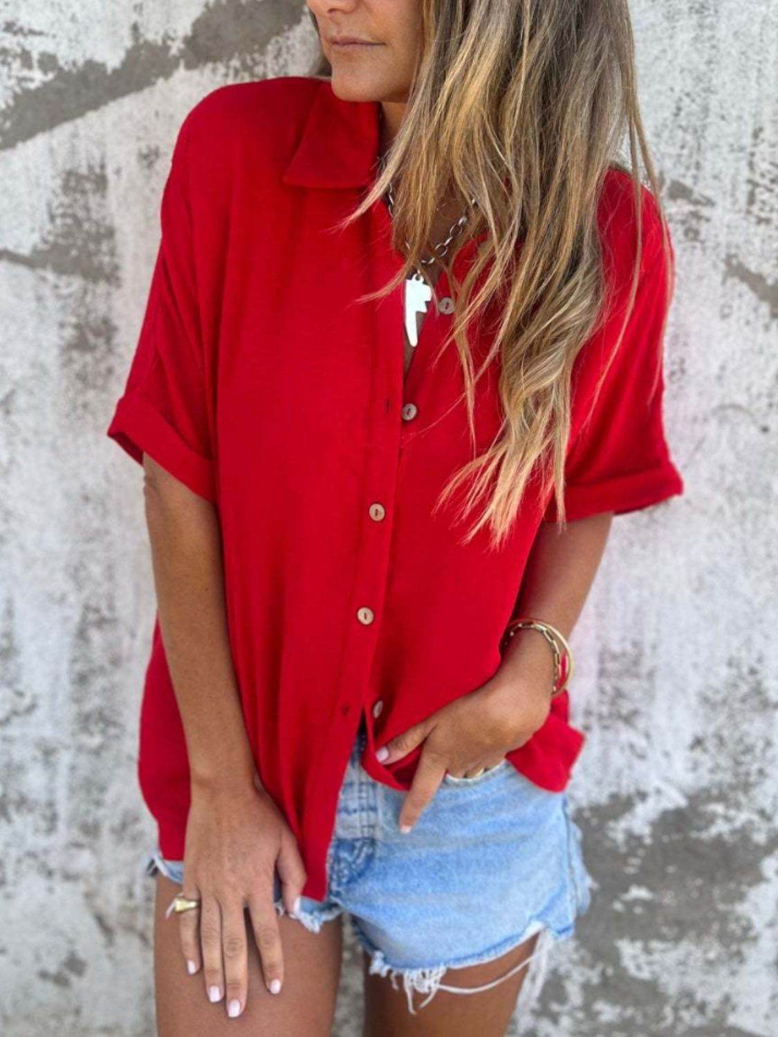 Full Size Collared Neck Half Sleeve Shirt Plus Size - UnLaced Boutique