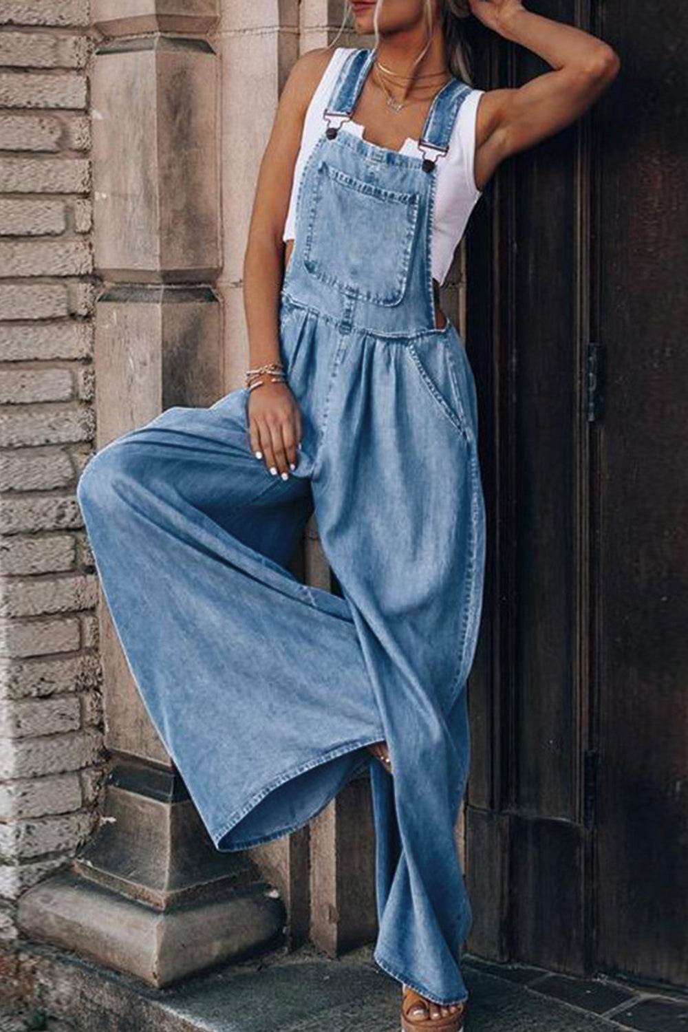 Distressed Wide Leg Denim Overalls - UnLaced Boutique