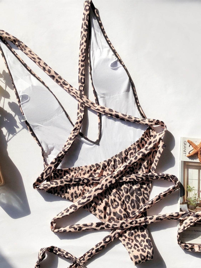 Tied Leopard Plunge One-Piece Swimwear - UnLaced Boutique