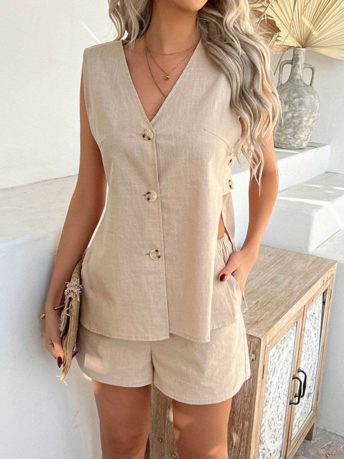 Devine Button Down V-Neck Tank and Shorts Set - UnLaced Boutique