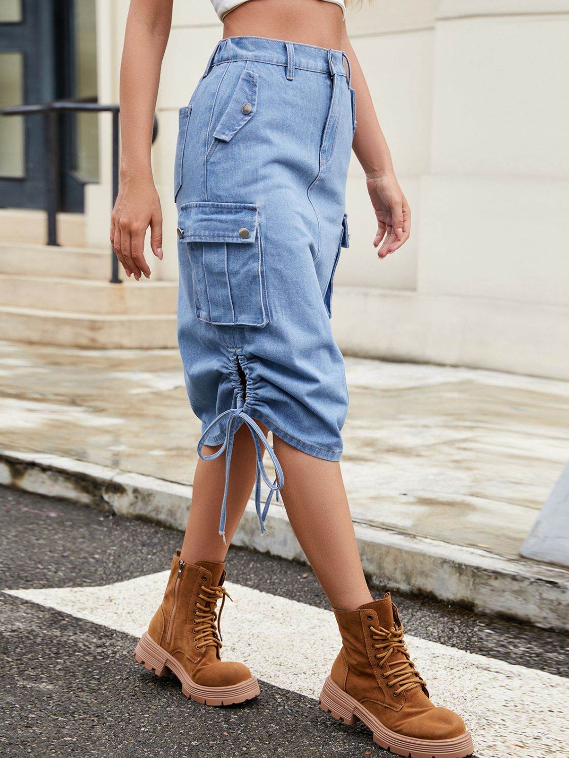Drawstring Denim Skirt with Cargo Pockets - UnLaced Boutique