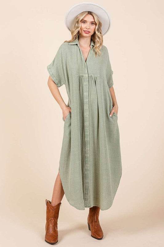 Mittoshop Mineral Wash V Neck Button Up Midi Shirt Dress - UnLaced Boutique