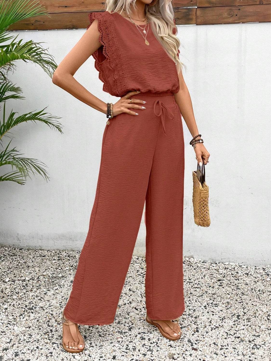 Lace Trim Round Neck Top and Pants Set - UnLaced Boutique