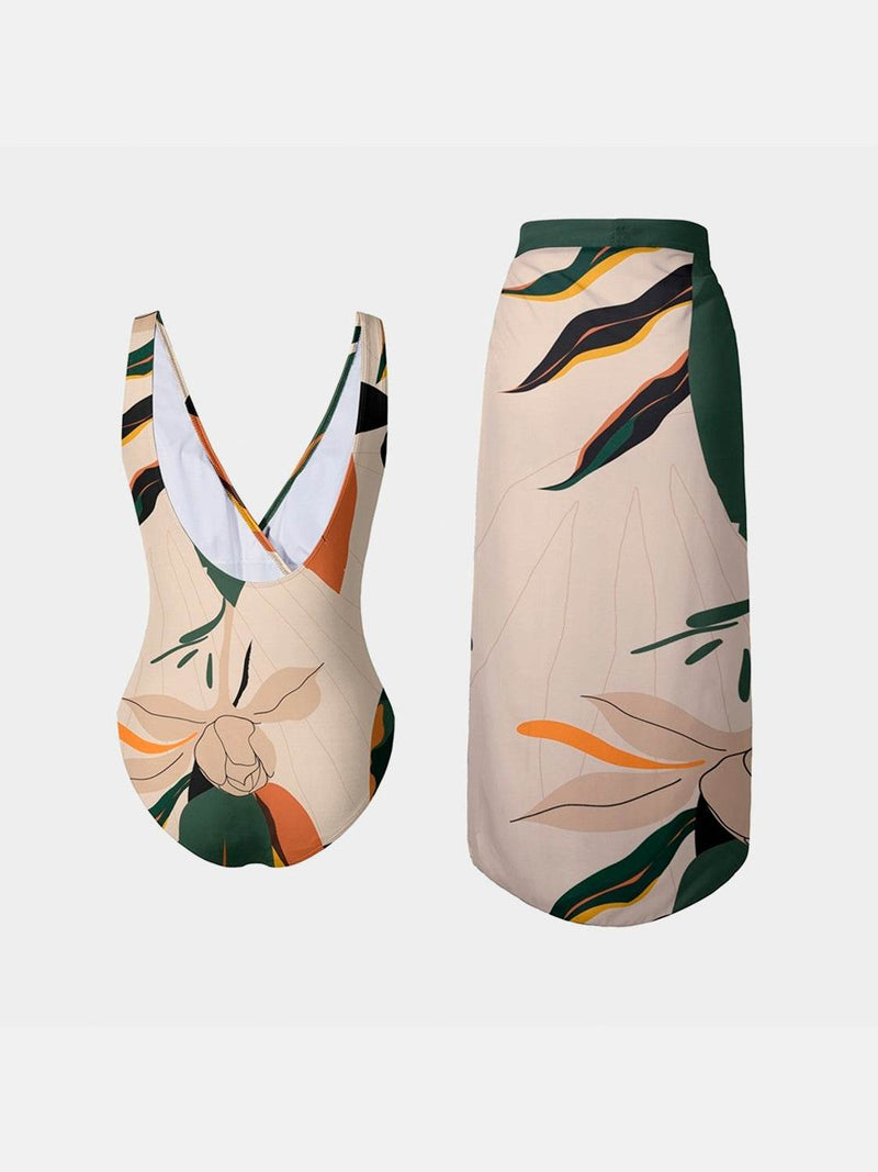 FAM-FAM Printed Surplice Wide Strap Swimwear and Skirt Swim Set - UnLaced Boutique
