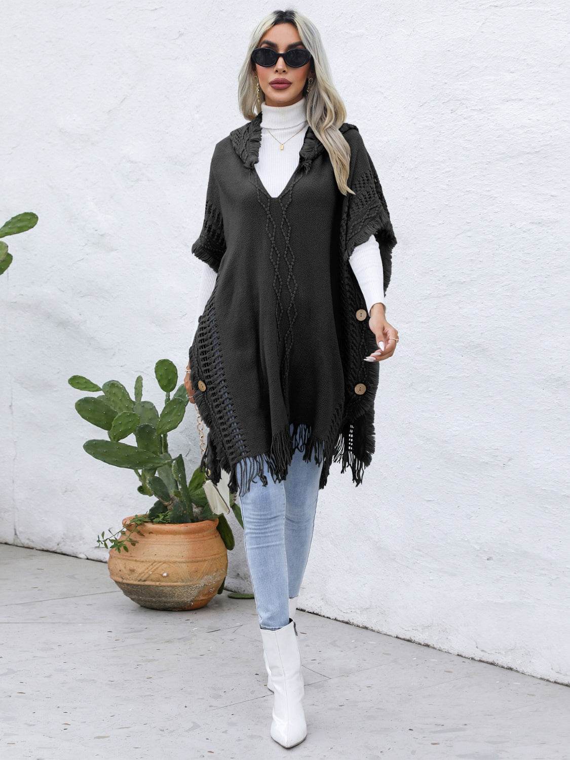 Fringe Trim Buttoned Hooded Poncho - UnLaced Boutique